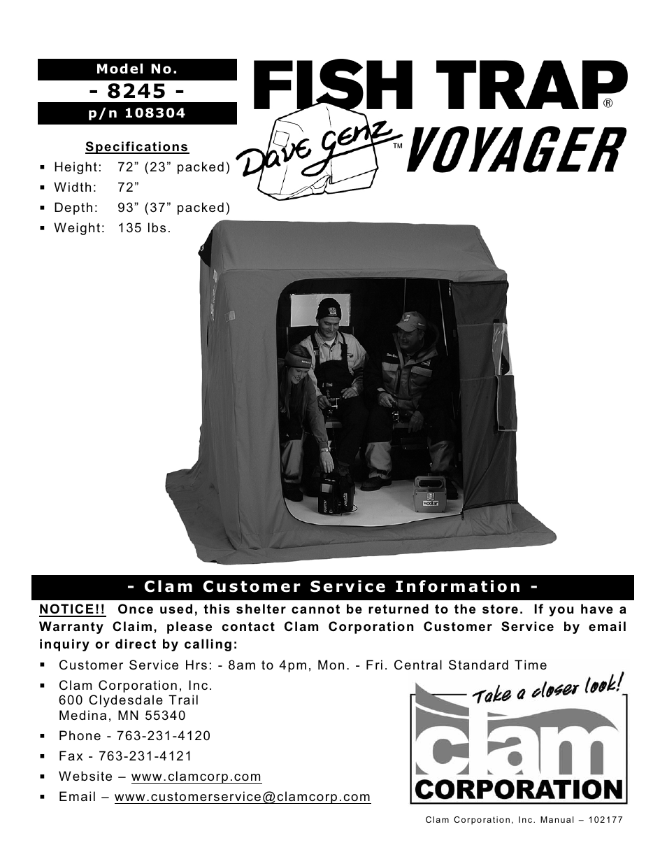 Clam Corp Fish Trap Voyager 8245 User Manual | 14 pages
