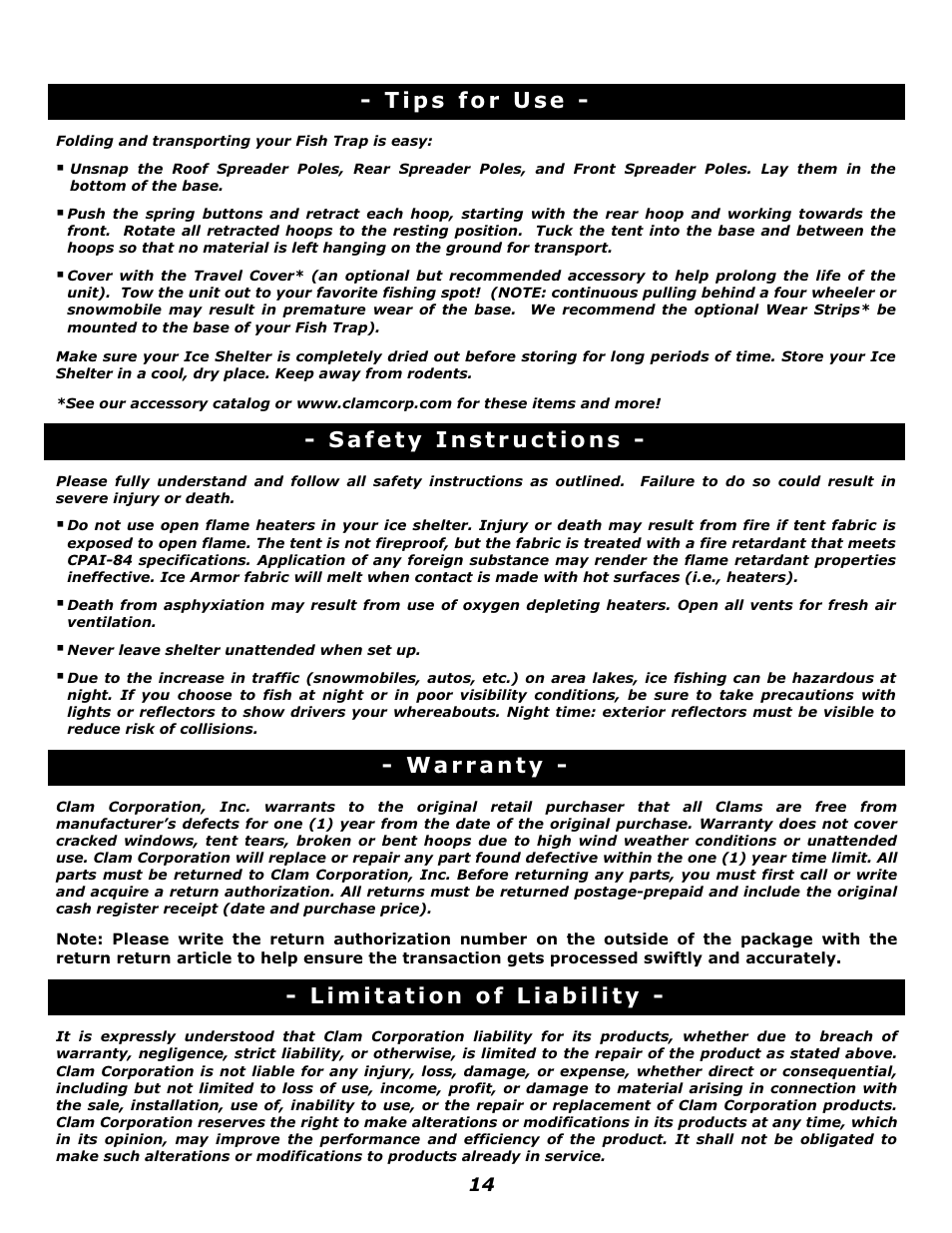 Clam Corp Fish Trap Voyager 8245 User Manual | Page 14 / 14