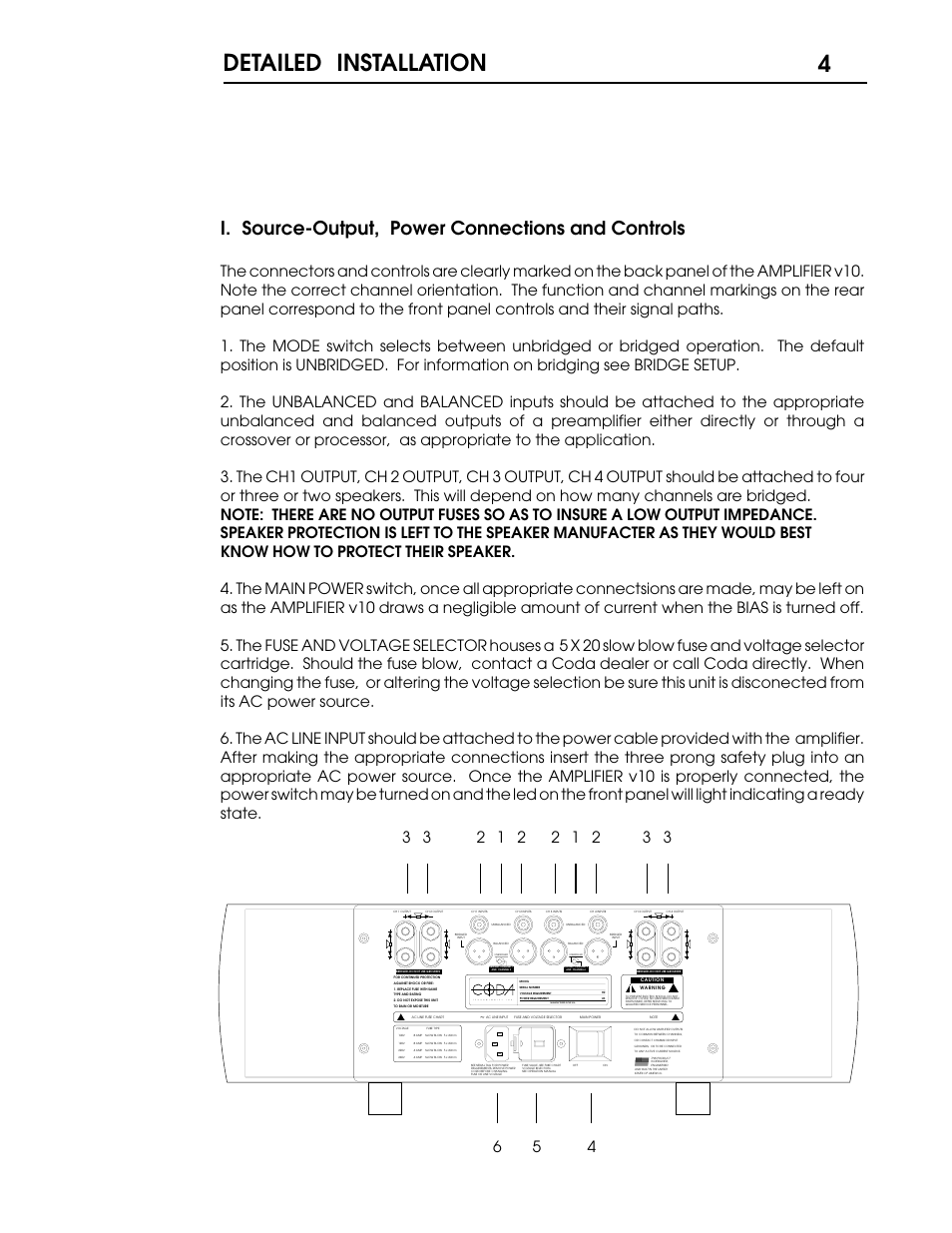 Detailed installation 4, I. source-output, power connections and controls, Manufactured in the usa | Coda V10 User Manual | Page 5 / 18