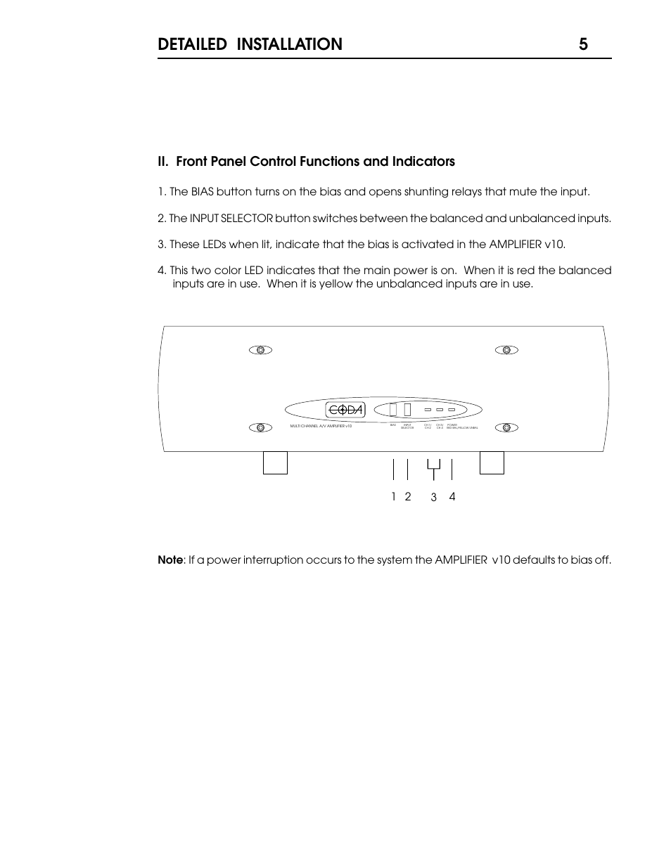 Detailed installation, Ii. front panel control functions and indicators | Coda V10 User Manual | Page 6 / 18