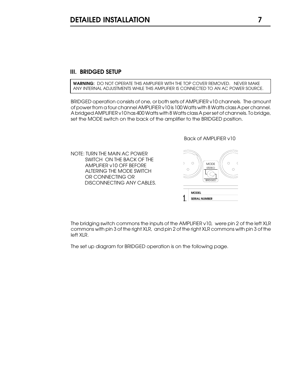 Detailed installation 7, Iii. bridged setup | Coda V10 User Manual | Page 8 / 18