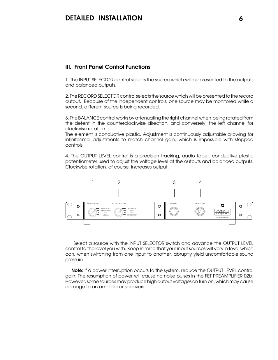 6detailed installation, Iii. front panel control functions | Coda 02b User Manual | Page 7 / 16