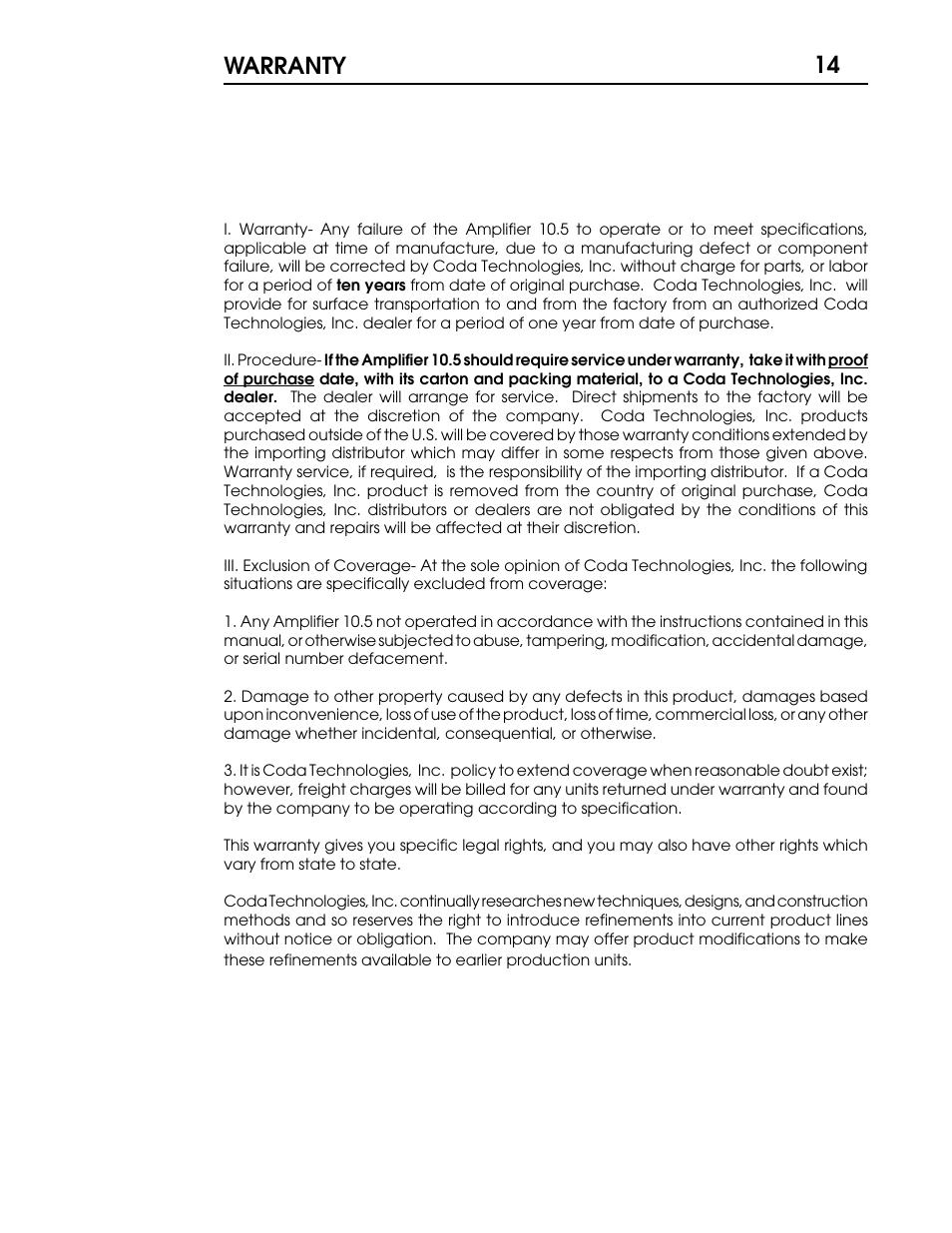 14 warranty | Coda 10.5 User Manual | Page 15 / 18