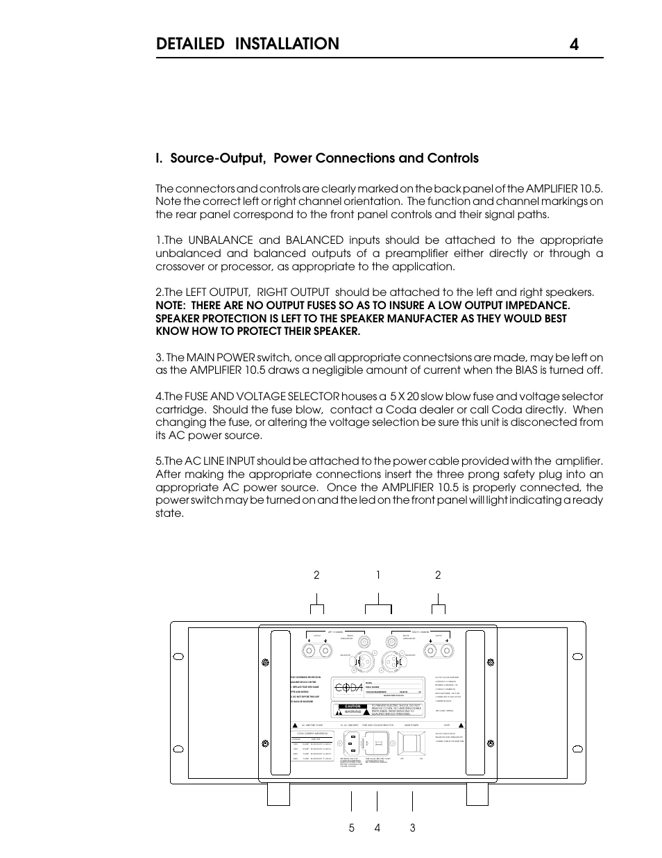 Detailed installation 4, I. source-output, power connections and controls | Coda 10.5 User Manual | Page 5 / 18