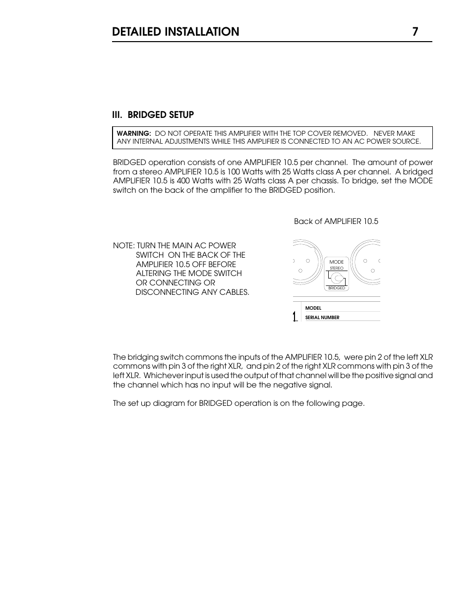 Detailed installation 7, Iii. bridged setup | Coda 10.5 User Manual | Page 8 / 18