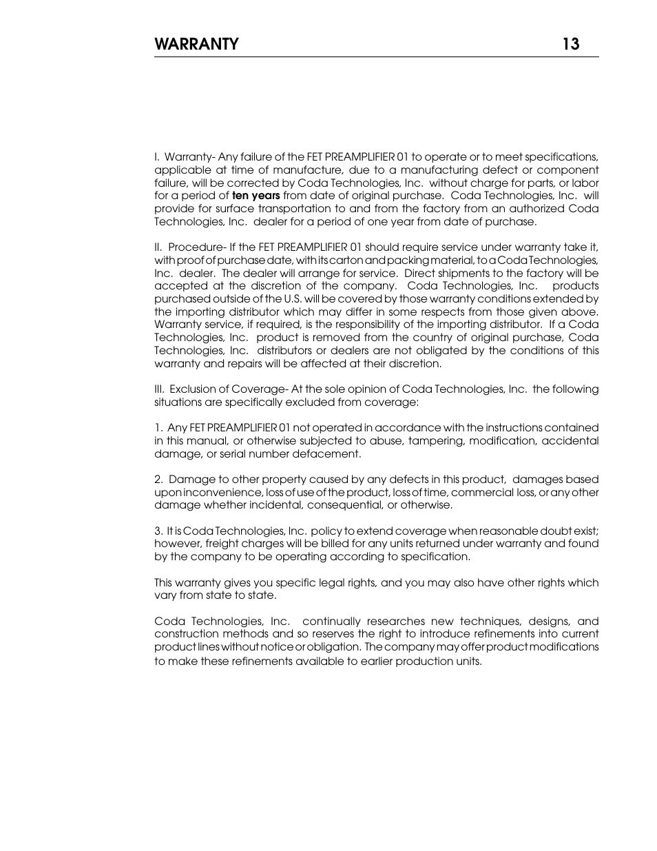 13 warranty | Coda 01 User Manual | Page 14 / 17