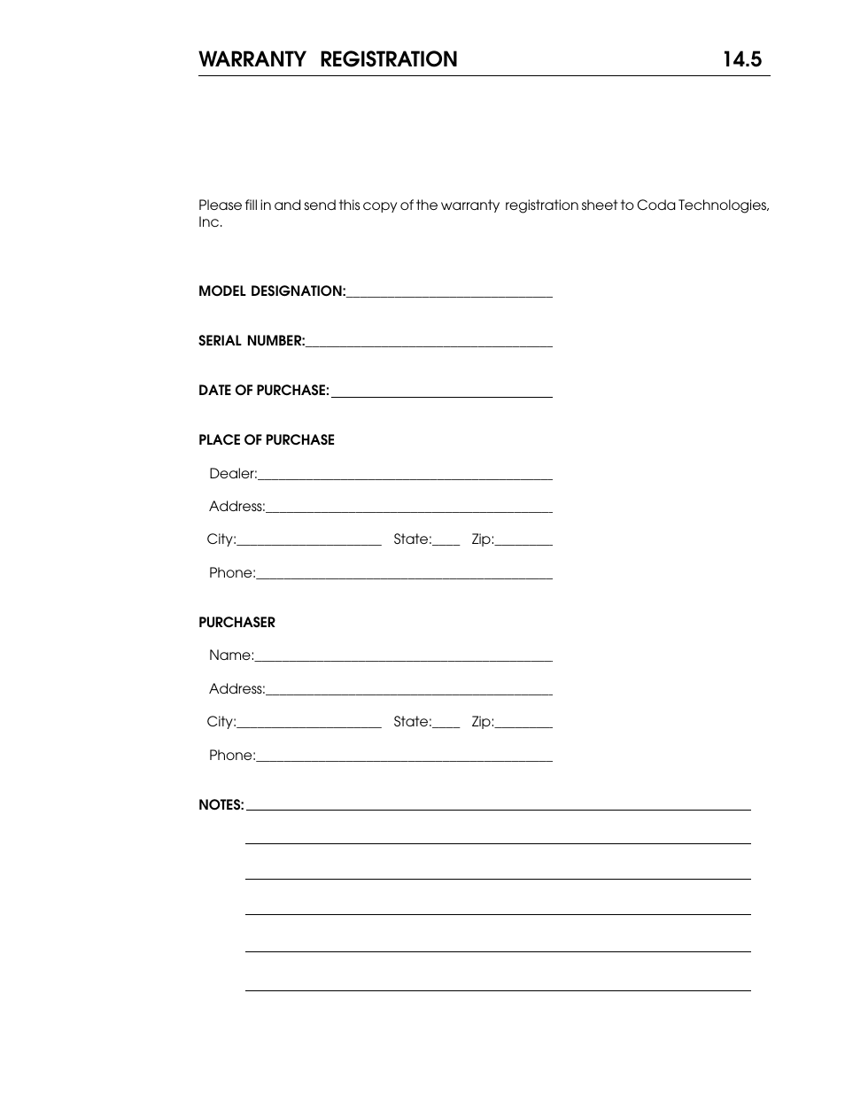 Warranty registration 14.5 | Coda 01 User Manual | Page 16 / 17