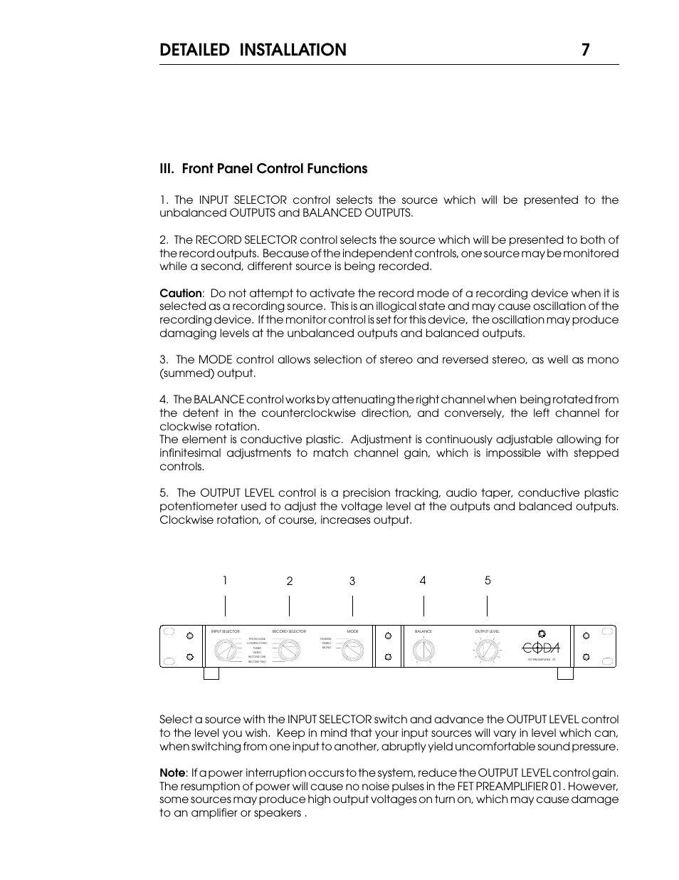 Detailed installation, Iii. front panel control functions | Coda 01 User Manual | Page 8 / 17