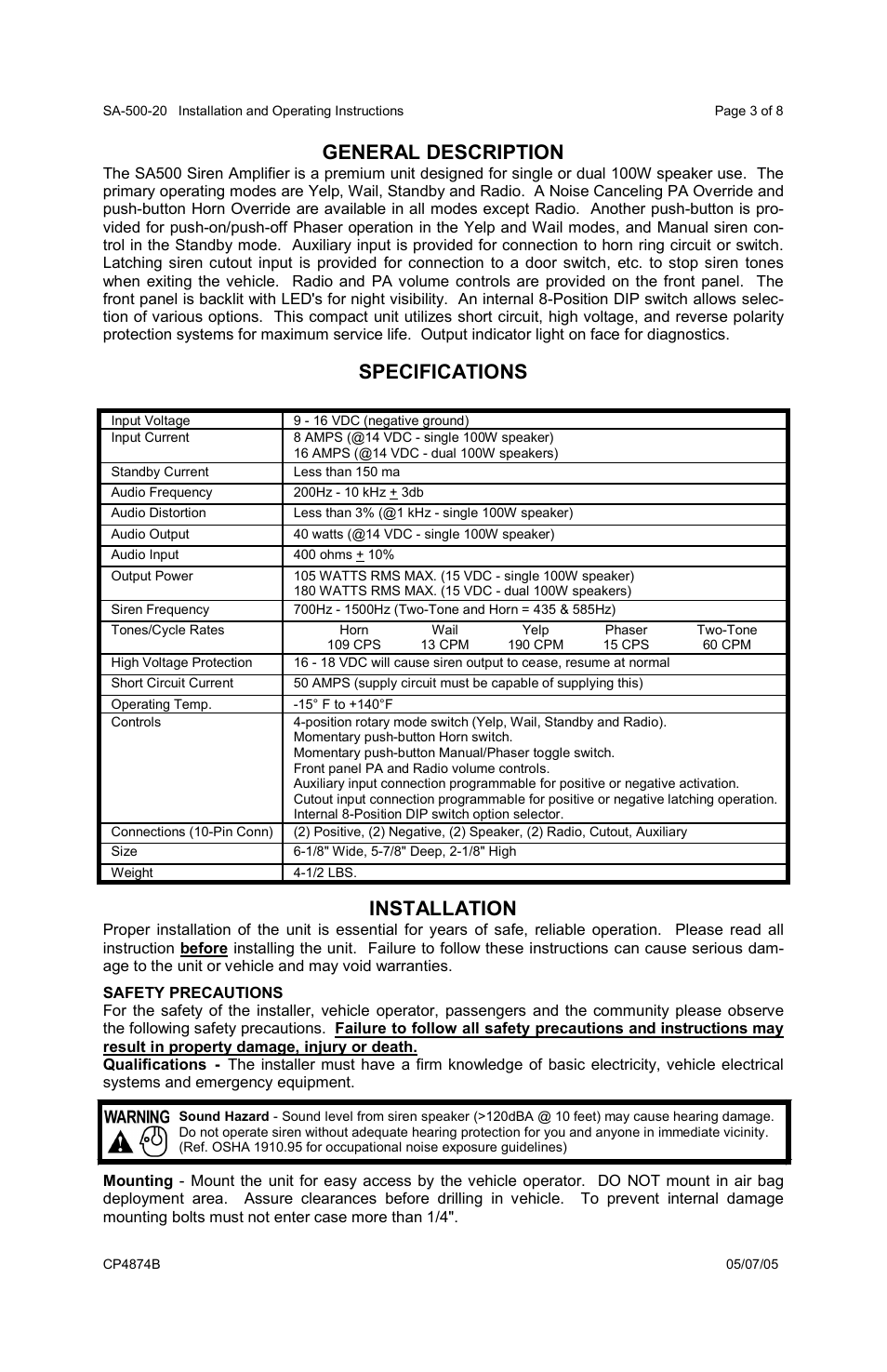 General description, Specifications, Installation | Carson SA-500-20 User Manual | Page 3 / 8