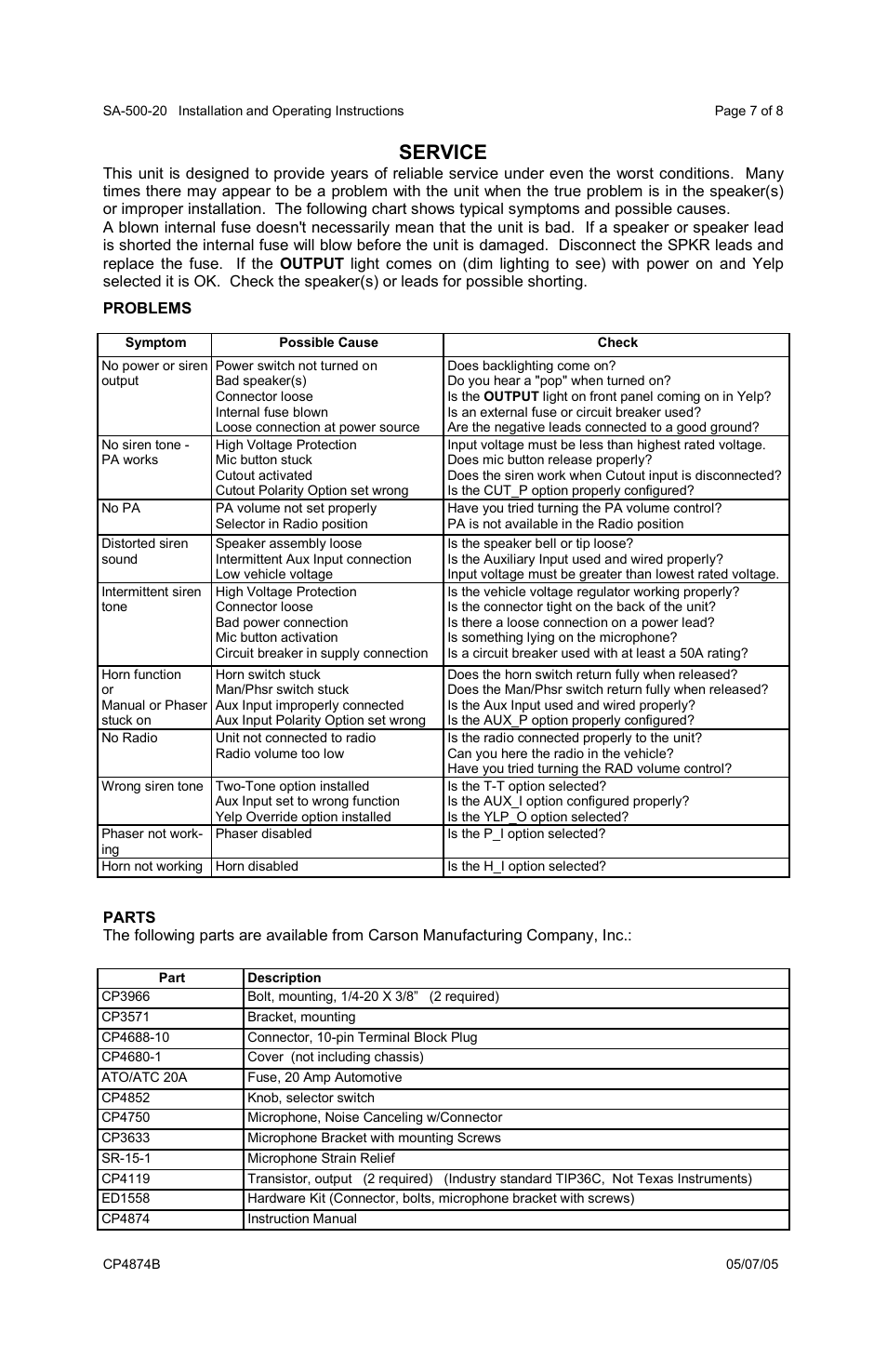 Service | Carson SA-500-20 User Manual | Page 7 / 8
