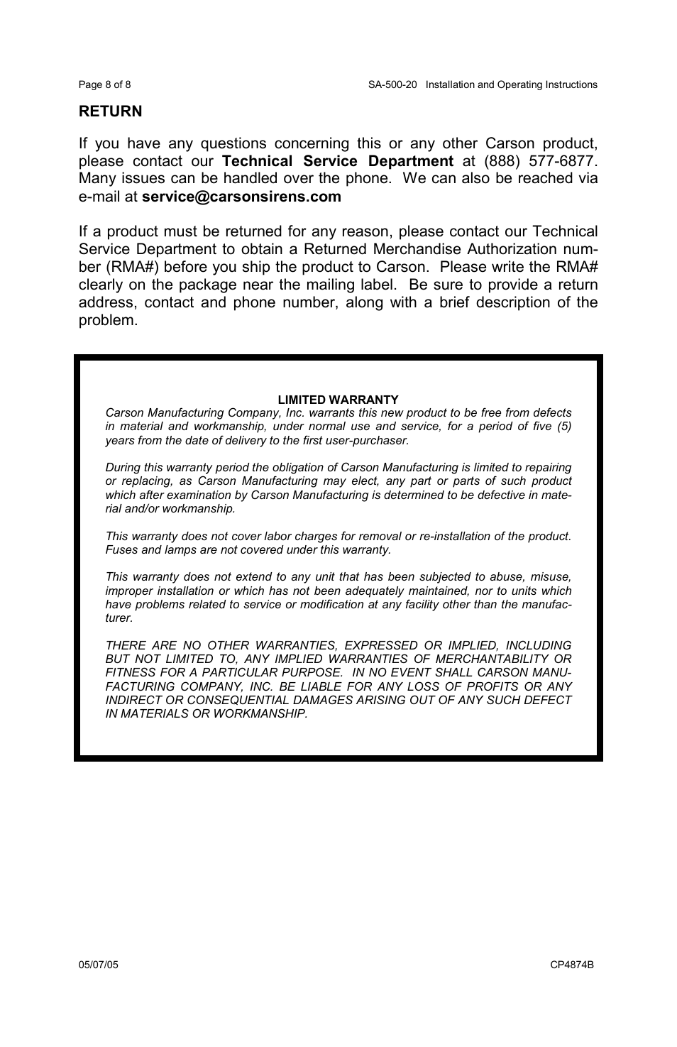Return | Carson SA-500-20 User Manual | Page 8 / 8