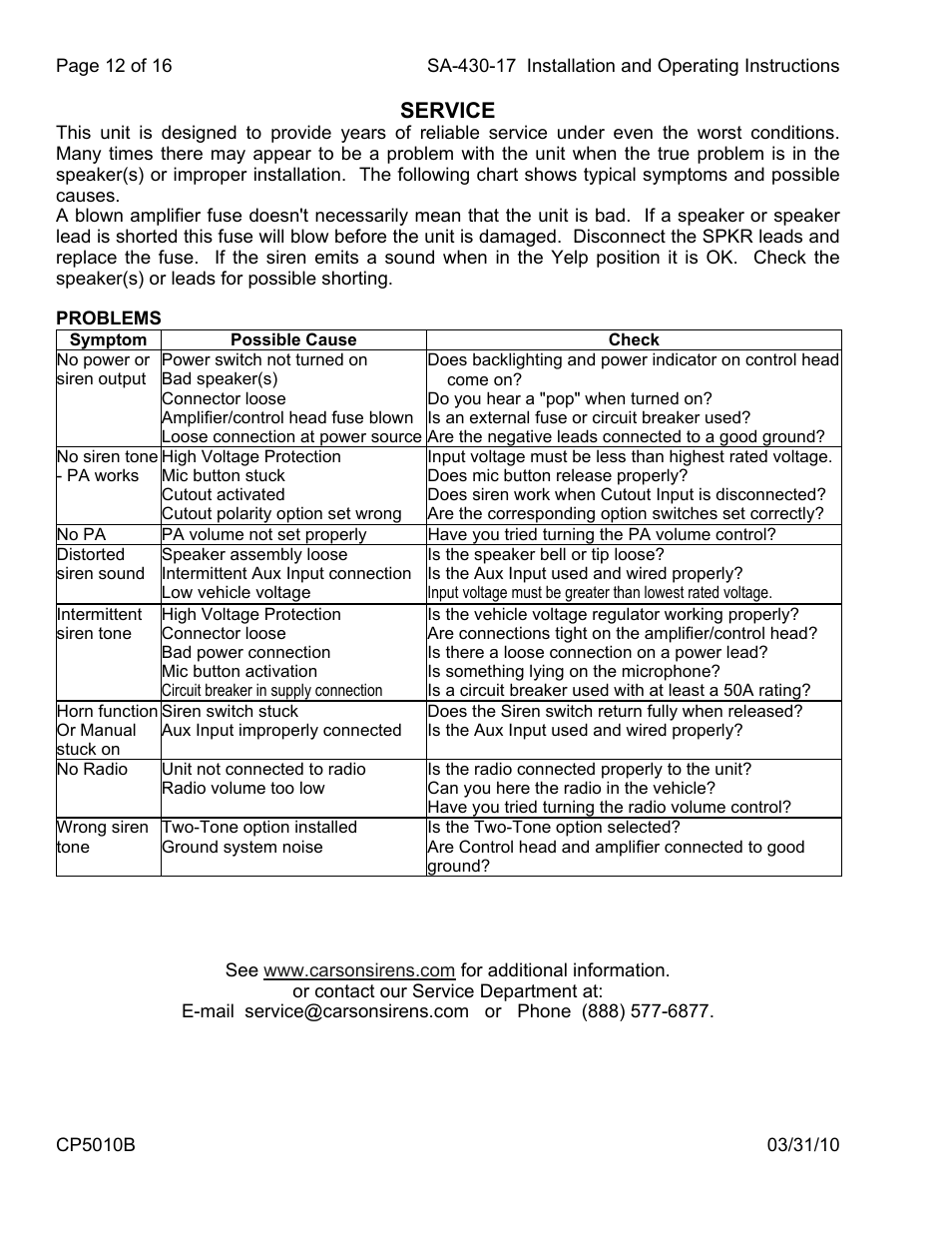 Service | Carson SA-430-17 User Manual | Page 12 / 16
