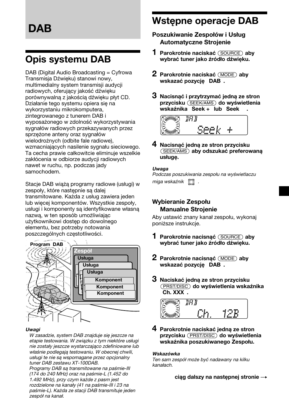 Opis systemu dab, Wstępne operacje dab | Sony XR-C7500RX User Manual | Page 103 / 212