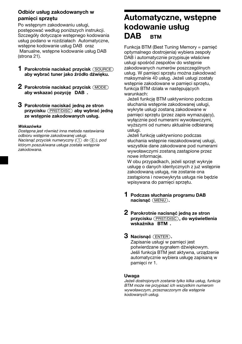 20 automatyczne, wstępne kodowanie usług dab | Sony XR-C7500RX User Manual | Page 104 / 212