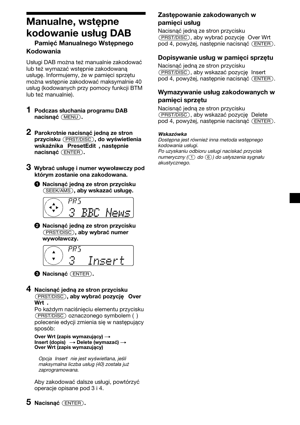 21 manualne, wstępne kodowanie usług dab | Sony XR-C7500RX User Manual | Page 105 / 212