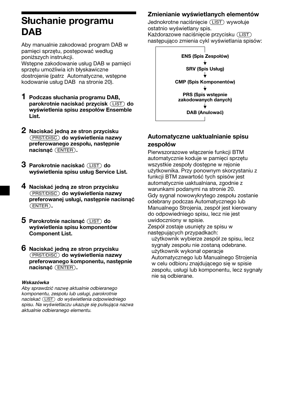 Słuchanie programu dab | Sony XR-C7500RX User Manual | Page 106 / 212