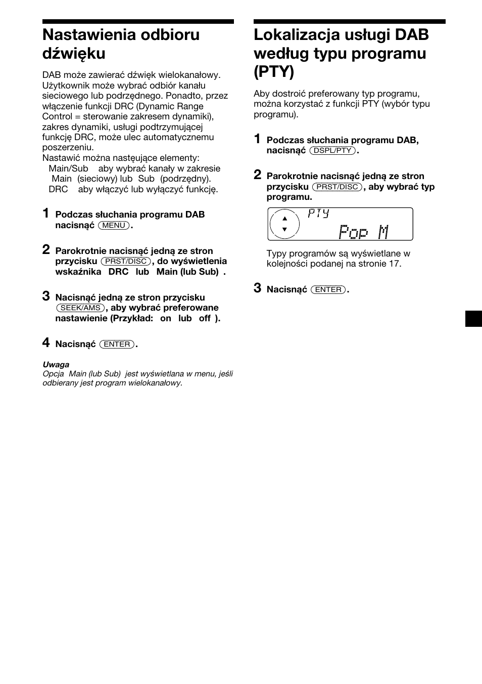 23 nastawienia odbioru dźwięku, Lokalizacja usługi dab według typu programu (pty) | Sony XR-C7500RX User Manual | Page 107 / 212