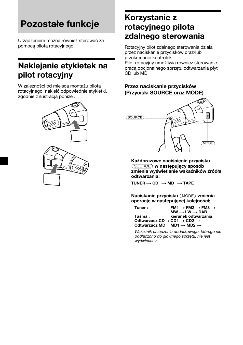 Pozostałe funkcje, Naklejanie etykietek na pilot rotacyjny | Sony XR-C7500RX User Manual | Page 112 / 212
