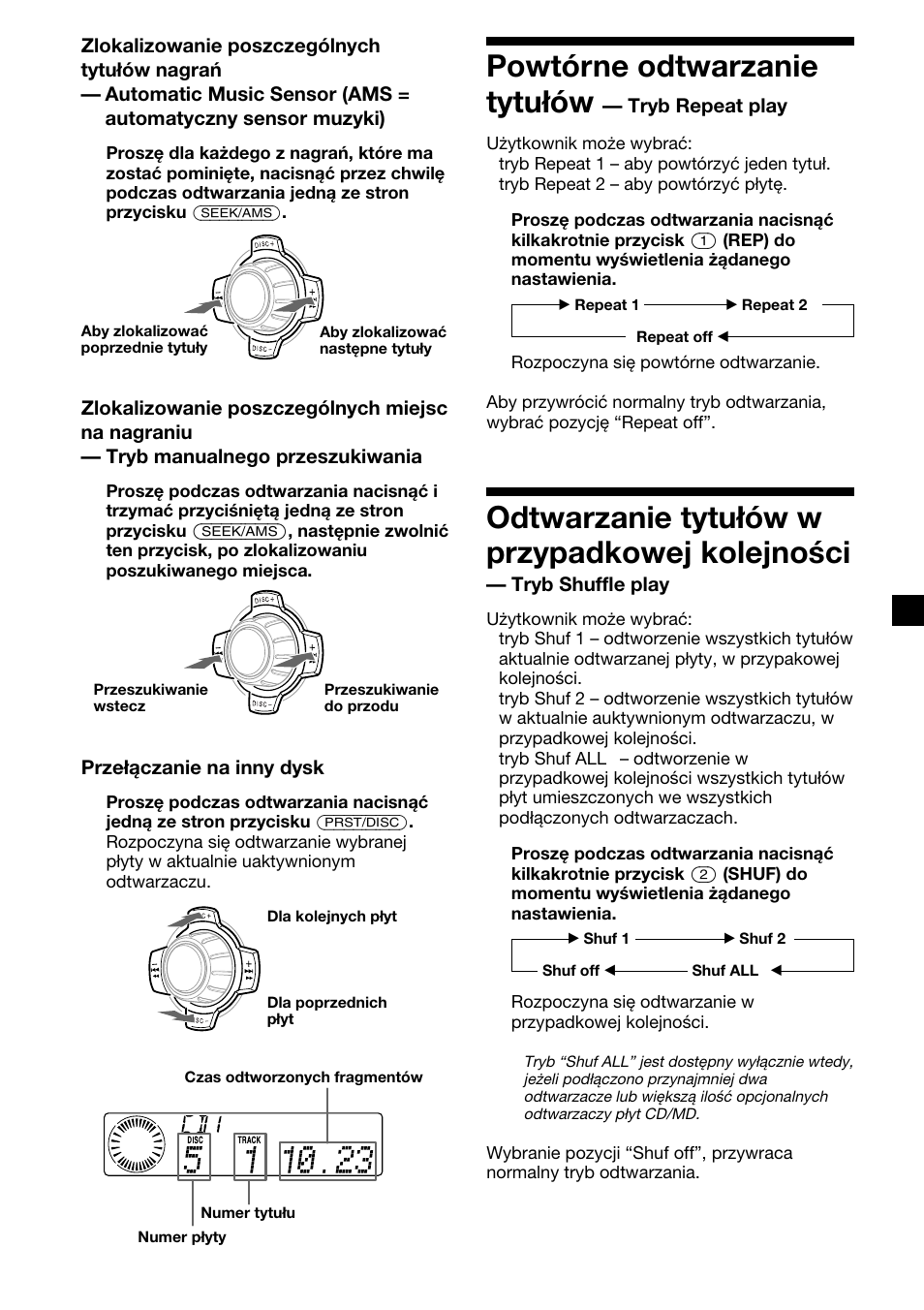 Powtórne odtwarzanie tytułów, Odtwarzanie tytułów w przypadkowej kolejności | Sony XR-C7500RX User Manual | Page 117 / 212