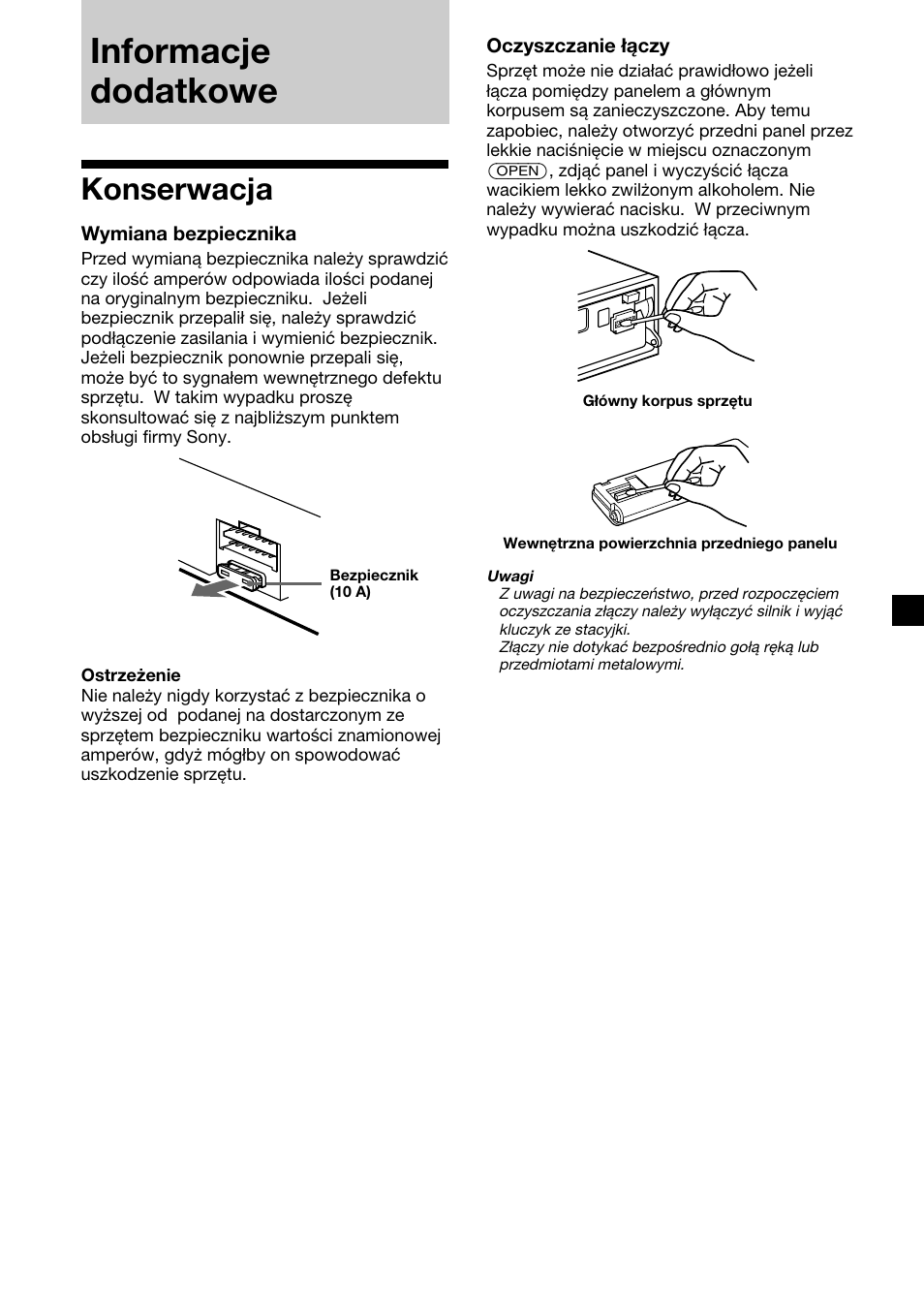 Informacje dodatkowe, Konserwacja | Sony XR-C7500RX User Manual | Page 121 / 212