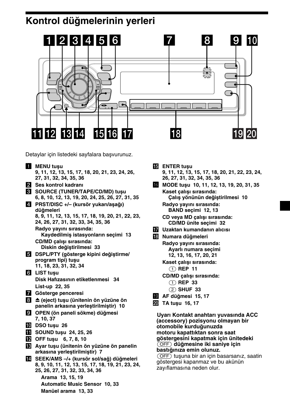 5kontrol düğmelerinin yerleri | Sony XR-C7500RX User Manual | Page 131 / 212