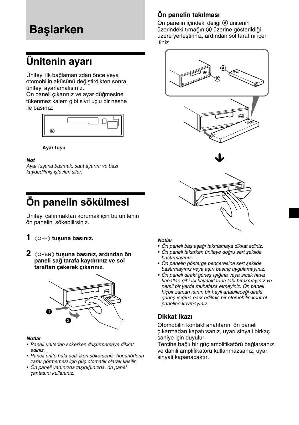 Başlarken, Ünitenin ayarı, Ön panelin sökülmesi | Sony XR-C7500RX User Manual | Page 133 / 212
