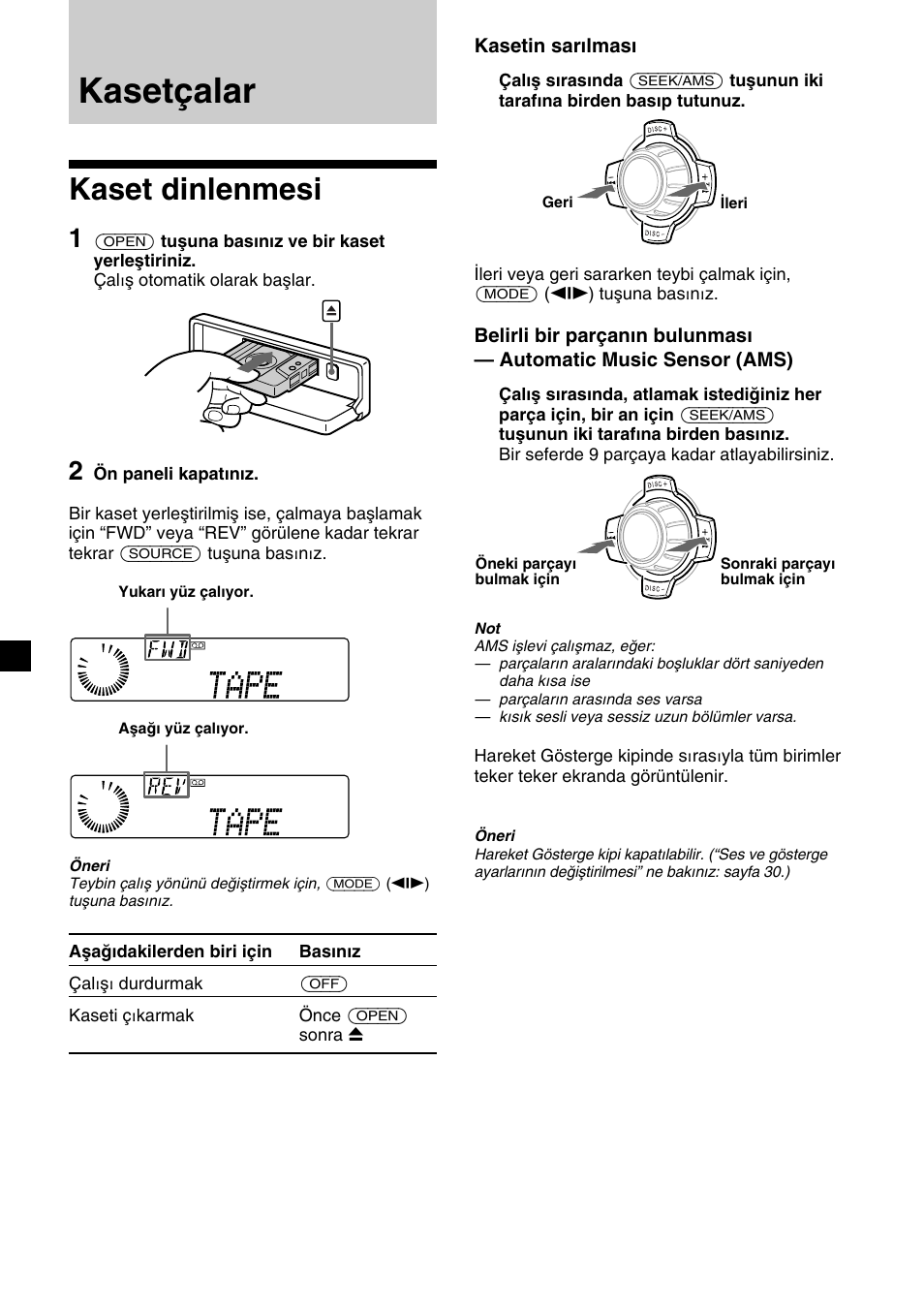 Kasetçalar, Kaset dinlenmesi | Sony XR-C7500RX User Manual | Page 136 / 212