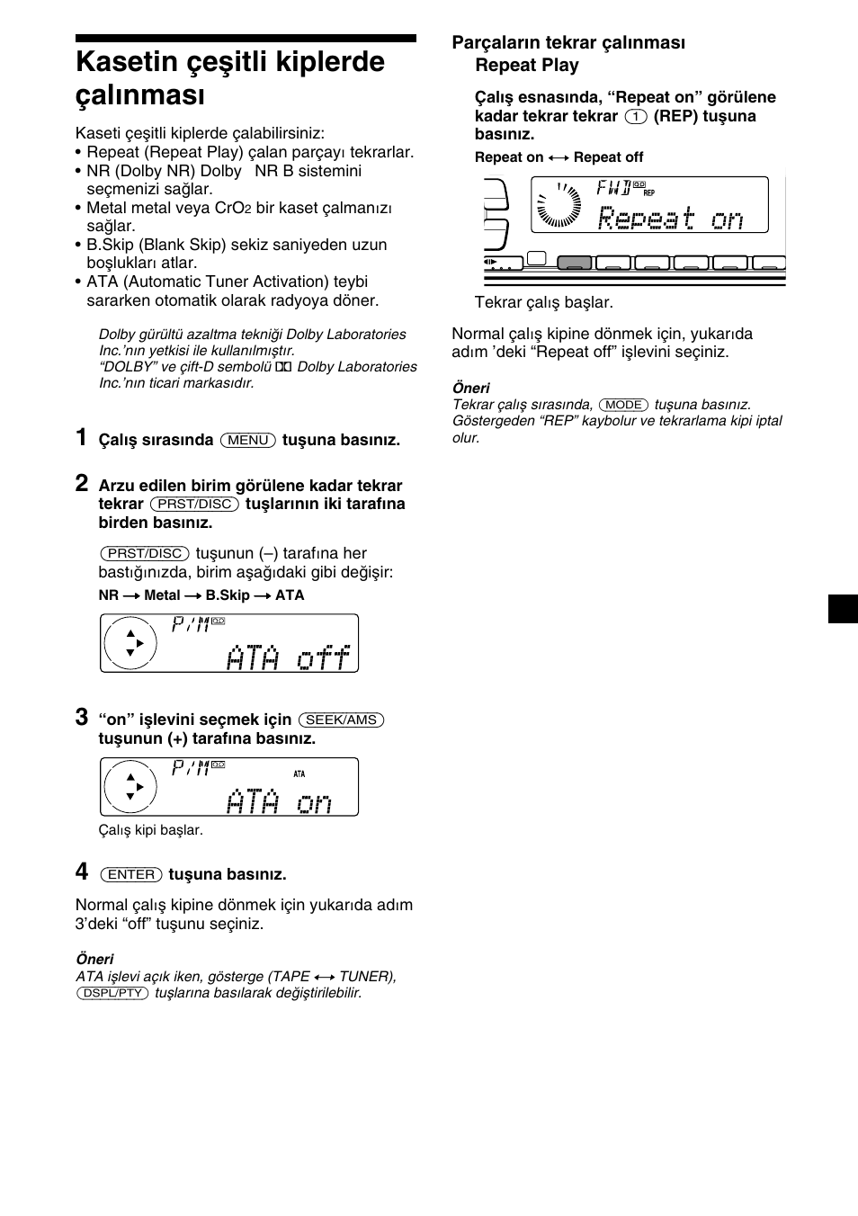 Kasetin çeşitli kiplerde çalınması, Parçaların tekrar çalınması — repeat play | Sony XR-C7500RX User Manual | Page 137 / 212