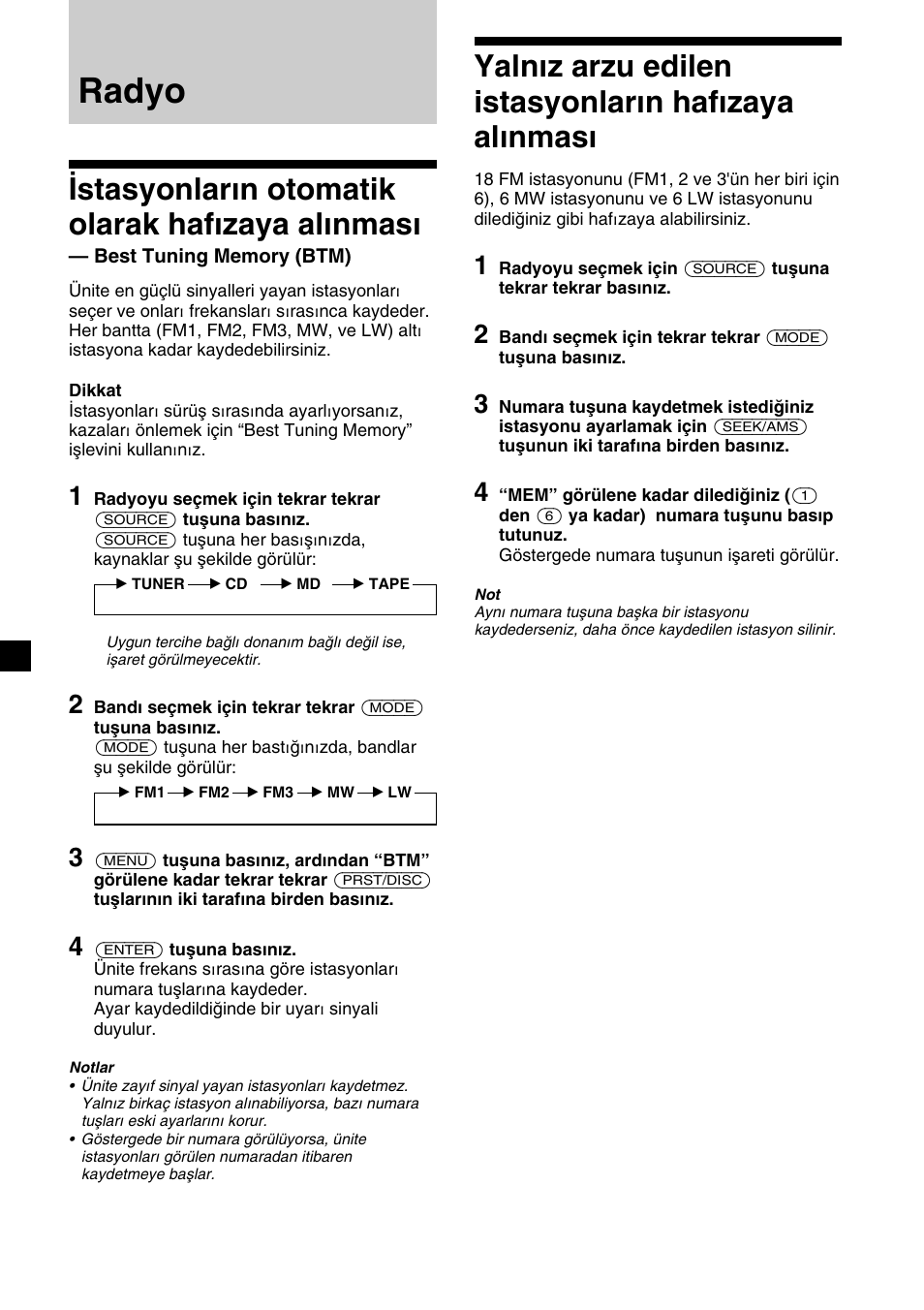 Radyo, Istasyonların otomatik olarak hafızaya alınması | Sony XR-C7500RX User Manual | Page 138 / 212
