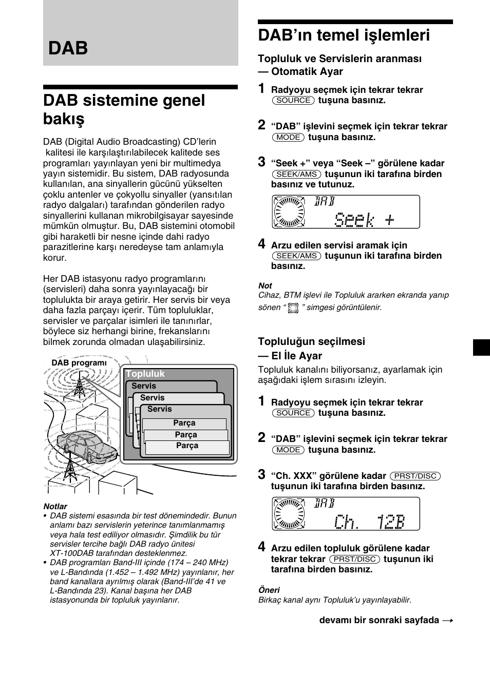 Dab sistemine genel bakış, Dab’ın temel işlemleri | Sony XR-C7500RX User Manual | Page 145 / 212