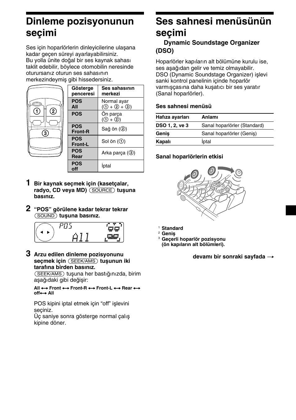 25 dinleme pozisyonunun seçimi, Ses sahnesi menüsünün seçimi, Dynamic soundstage organizer (dso) | Sony XR-C7500RX User Manual | Page 151 / 212