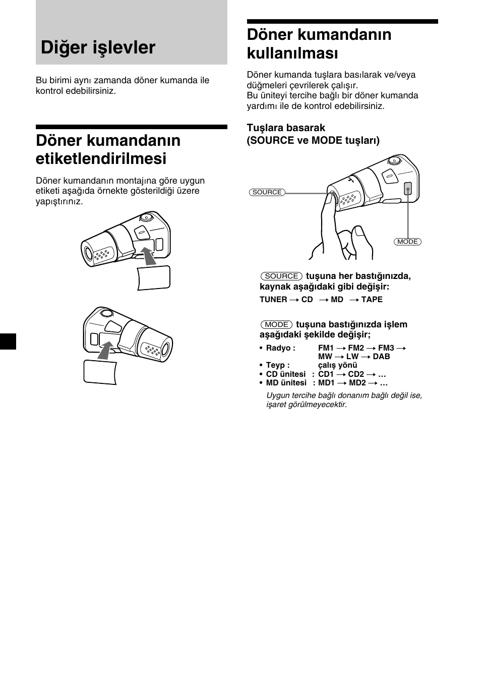 Diğer işlevler, 28 döner kumandanın kullanılması, Döner kumandanın etiketlendirilmesi | Sony XR-C7500RX User Manual | Page 154 / 212