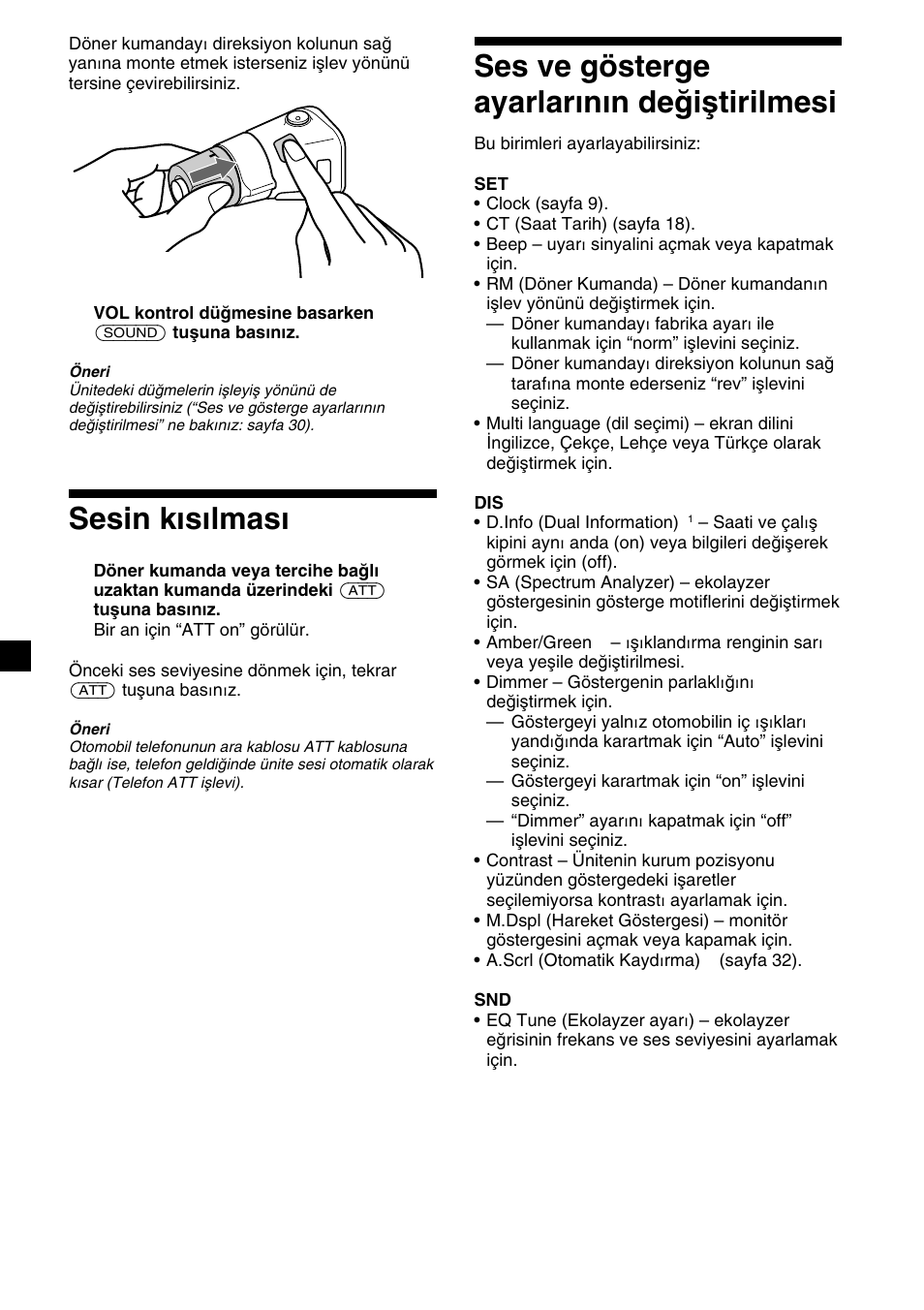 30 ses ve gösterge ayarlarının değiştirilmesi, Sesin kısılması | Sony XR-C7500RX User Manual | Page 156 / 212