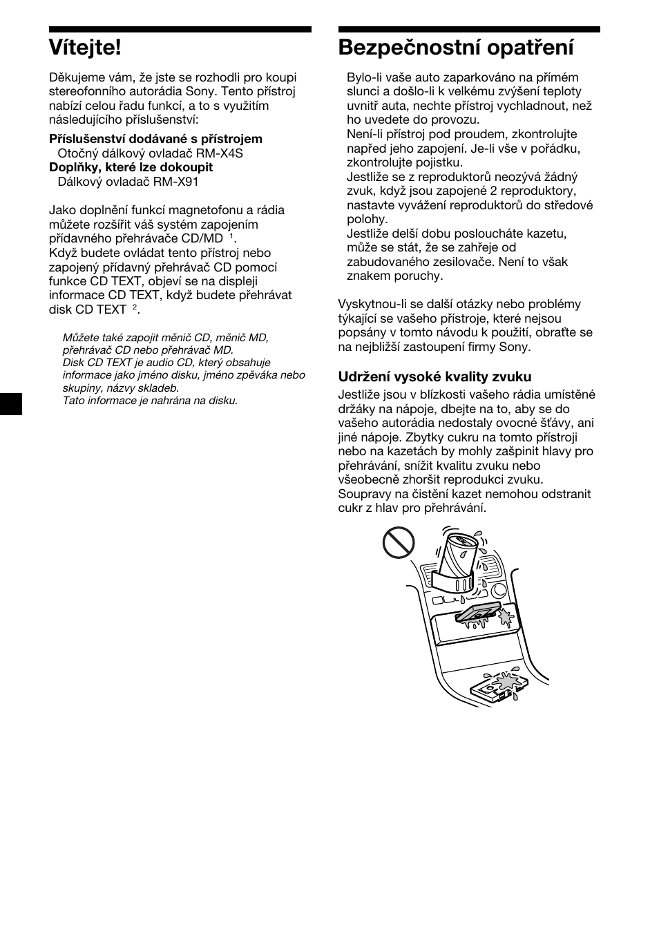 2vítejte, Bezpečnostní opatření | Sony XR-C7500RX User Manual | Page 44 / 212