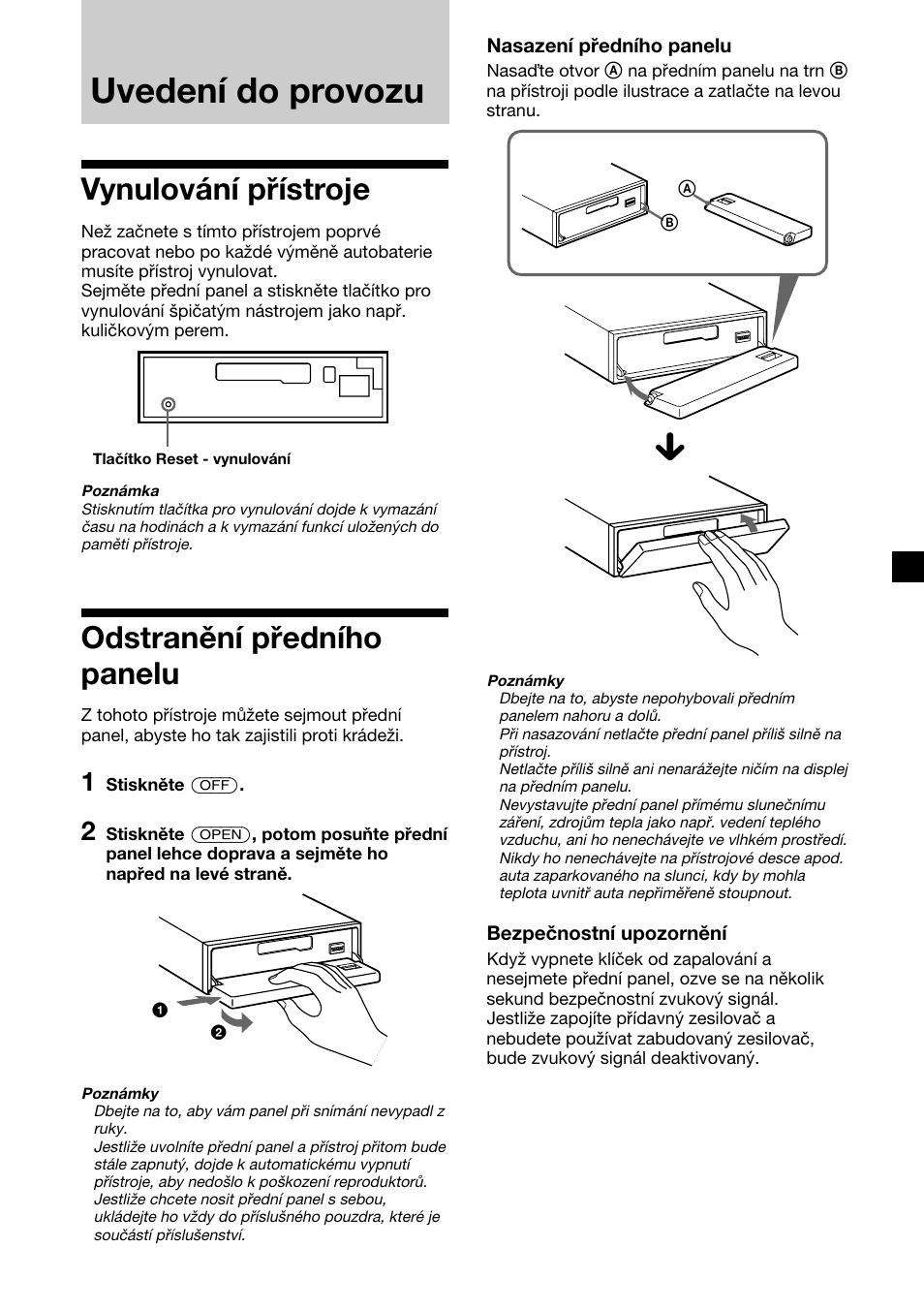 Uvedení do provozu, Vynulování přístroje, Odstranění předního panelu | Sony XR-C7500RX User Manual | Page 49 / 212