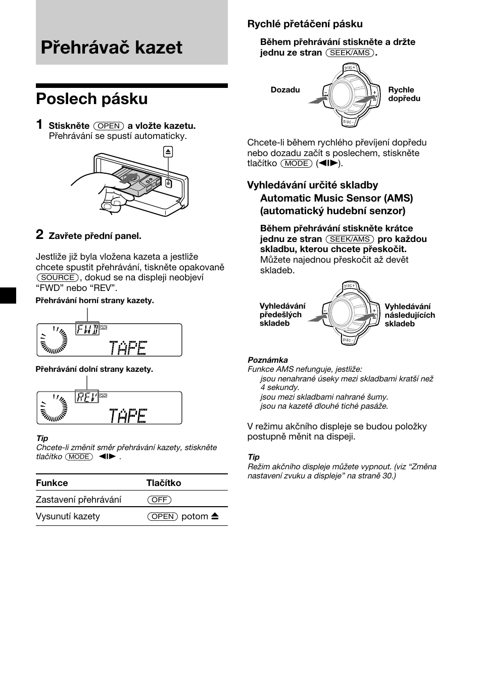 Přehrávač kazet, Poslech pásku | Sony XR-C7500RX User Manual | Page 52 / 212