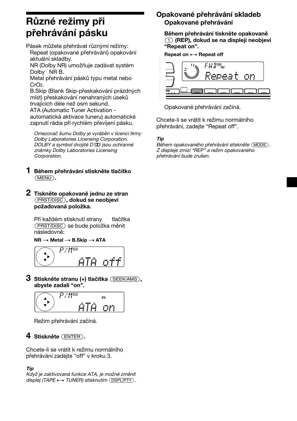 Různé režimy při přehrávání pásku, Opakované přehrávání skladeb, Opakované přehrávání | Sony XR-C7500RX User Manual | Page 53 / 212