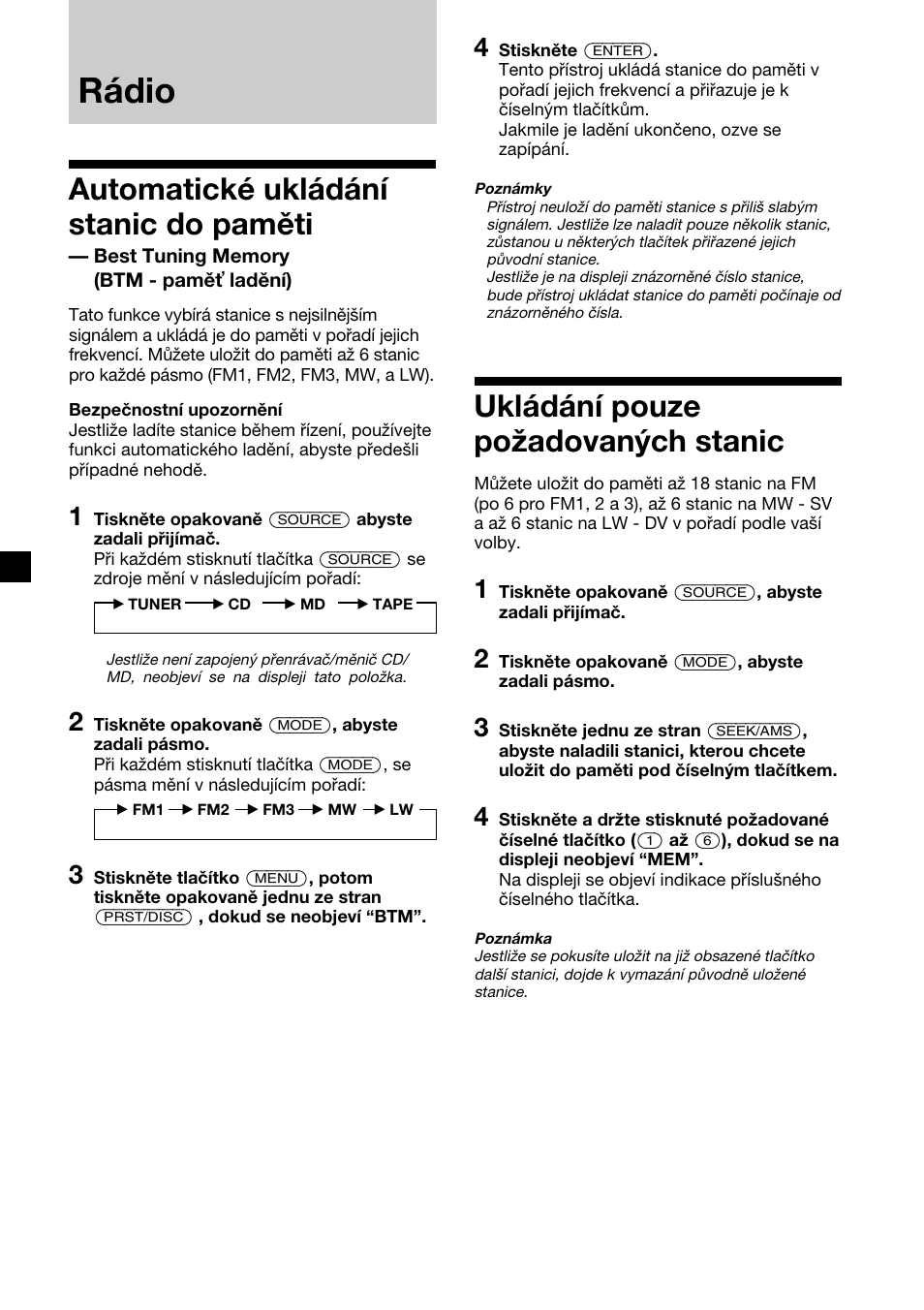 Rádio, Ukládání pouze požadovaných stanic, Automatické ukládání stanic do paměti | Sony XR-C7500RX User Manual | Page 54 / 212