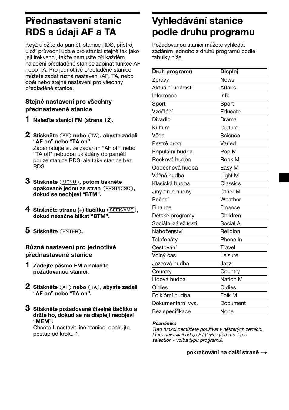 17 přednastavení stanic rds s údaji af a ta, Vyhledávání stanice podle druhu programu | Sony XR-C7500RX User Manual | Page 59 / 212