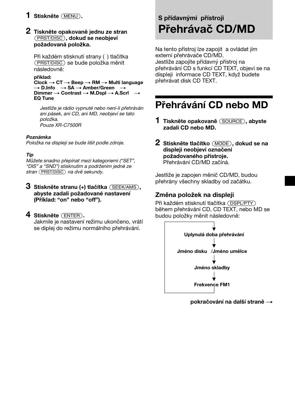 Přehrávač cd/md, Přehrávání cd nebo md | Sony XR-C7500RX User Manual | Page 73 / 212