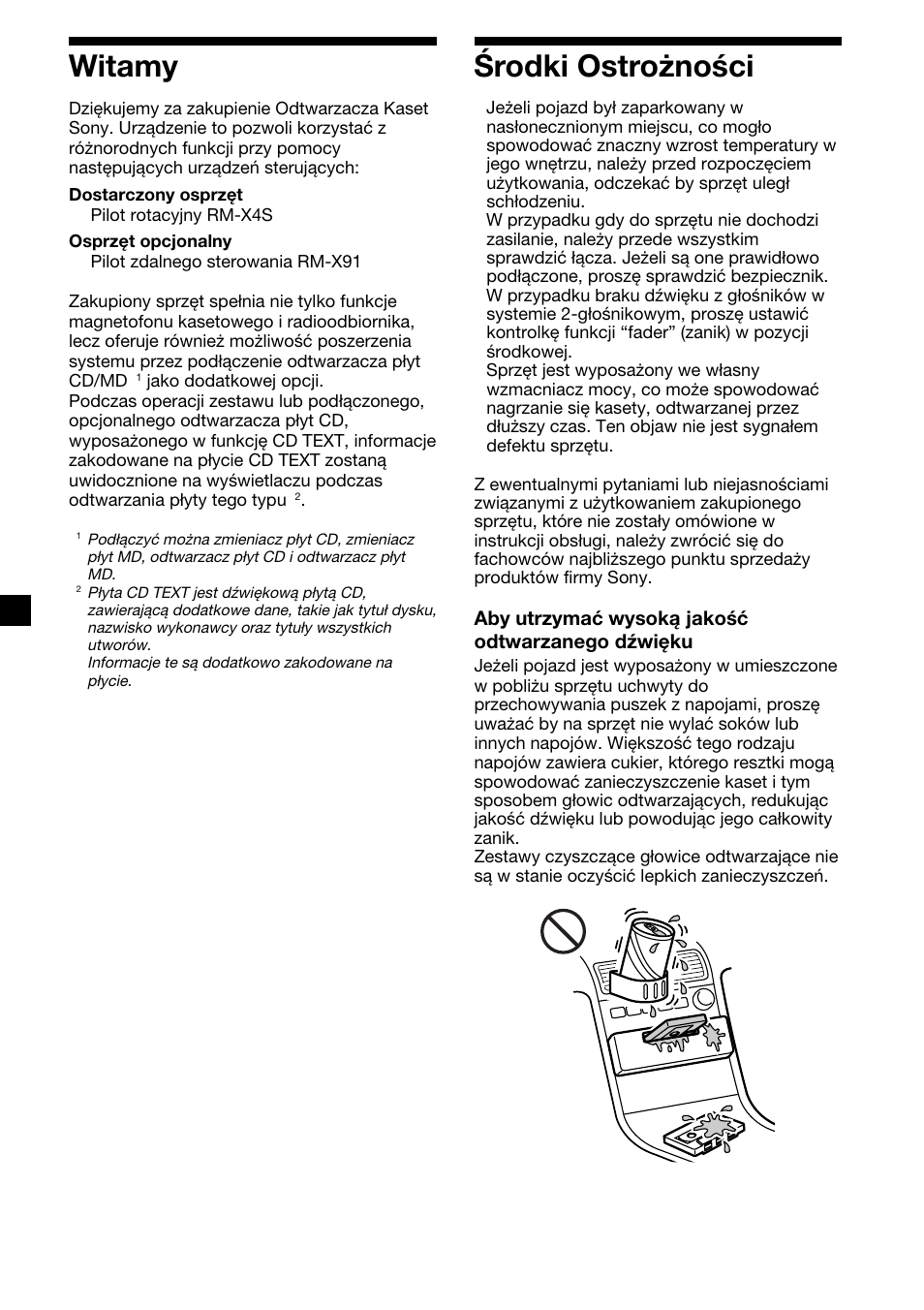 Witamy środki ostrożności | Sony XR-C7500RX User Manual | Page 86 / 212
