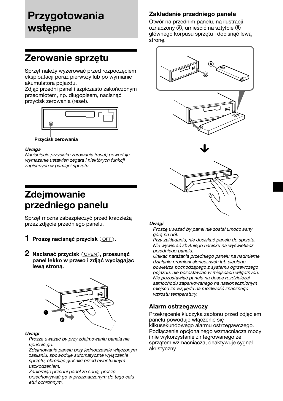 Przygotowania wstępne, Zerowanie sprzętu, Zdejmowanie przedniego panelu | Sony XR-C7500RX User Manual | Page 91 / 212