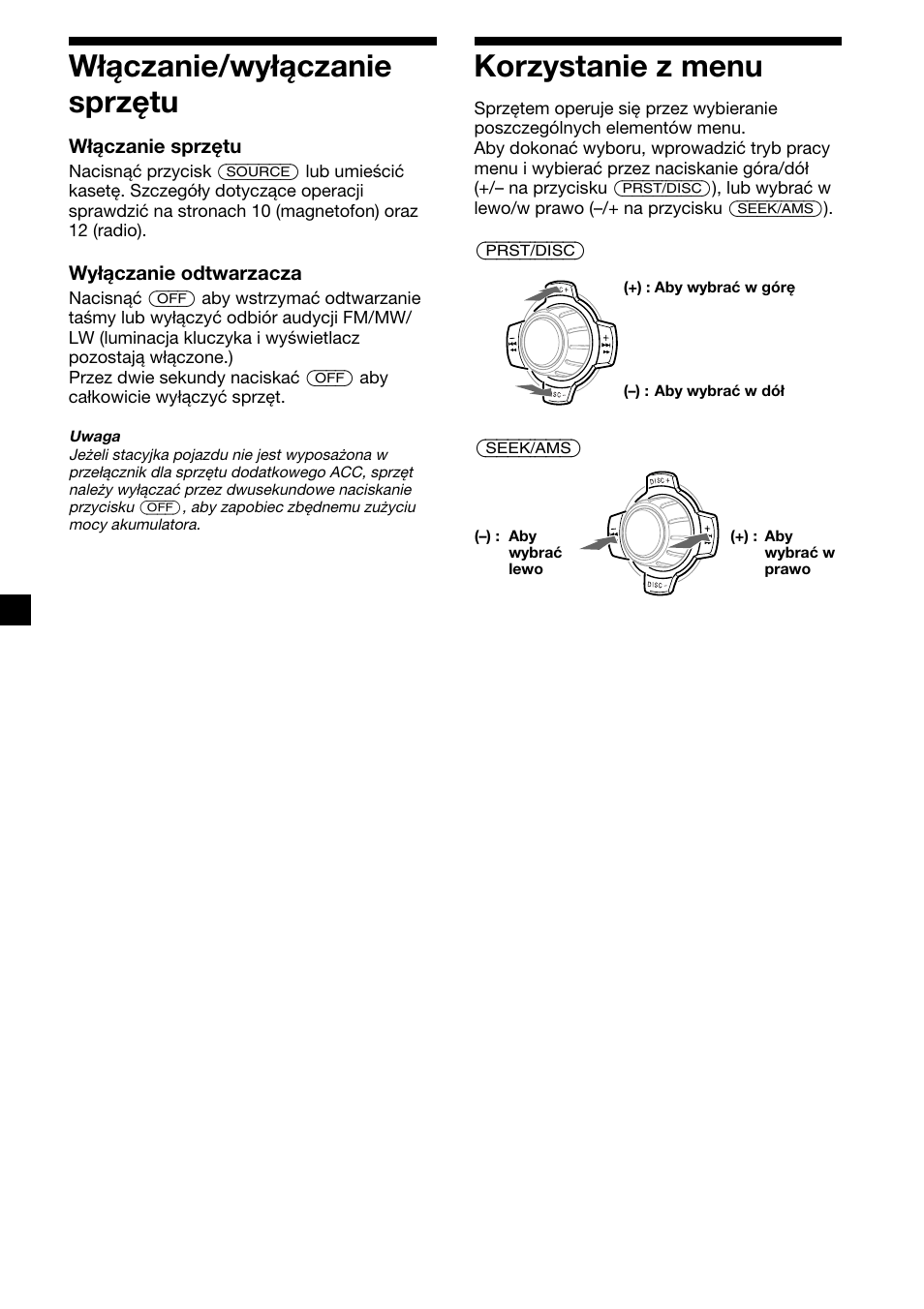 8korzystanie z menu, Włączanie/wyłączanie sprzętu | Sony XR-C7500RX User Manual | Page 92 / 212