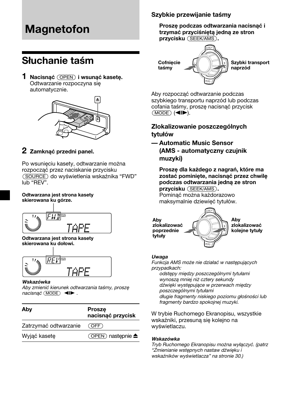 Magnetofon, Słuchanie taśm | Sony XR-C7500RX User Manual | Page 94 / 212