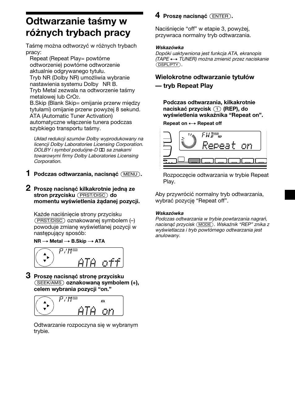 Odtwarzanie taśmy w różnych trybach pracy, Wielokrotne odtwarzanie tytułów — tryb repeat play | Sony XR-C7500RX User Manual | Page 95 / 212