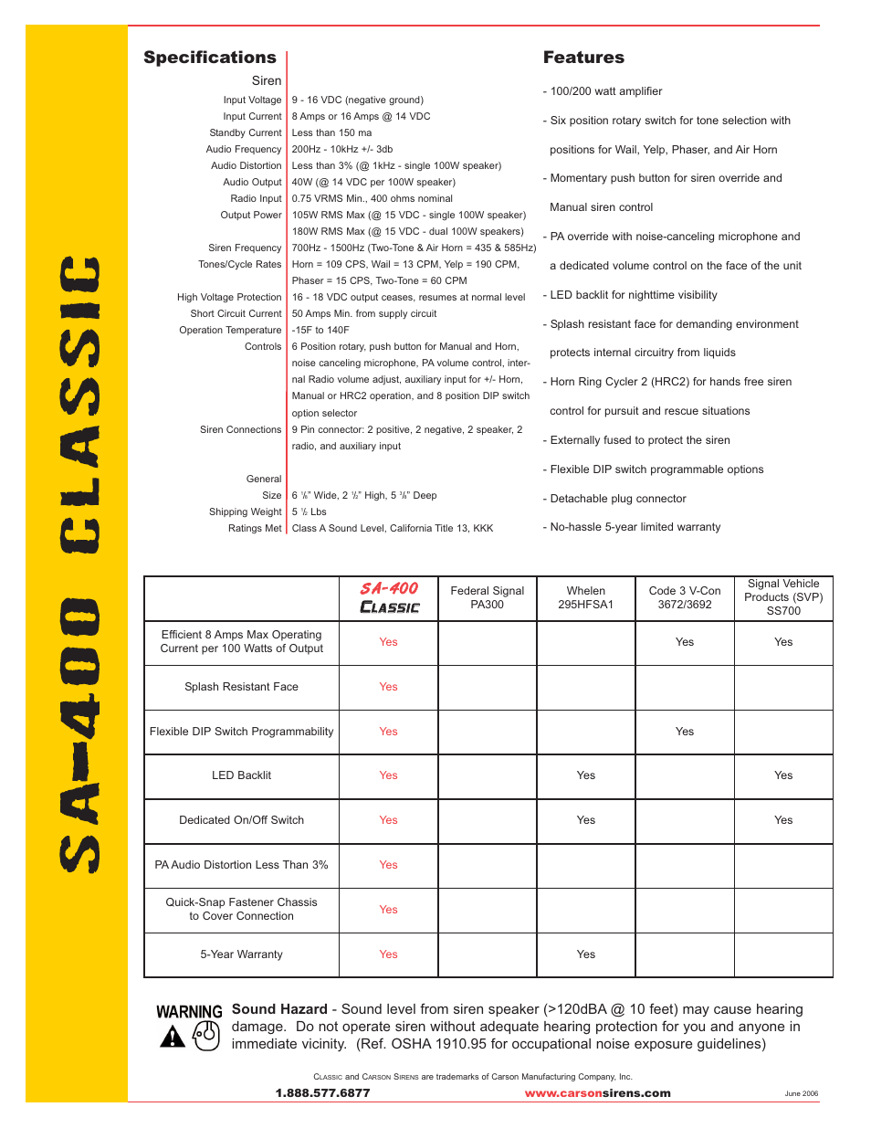 Specifications, Features, Ss aa 00 00 | Carson SA-400 Classic User Manual | Page 2 / 2