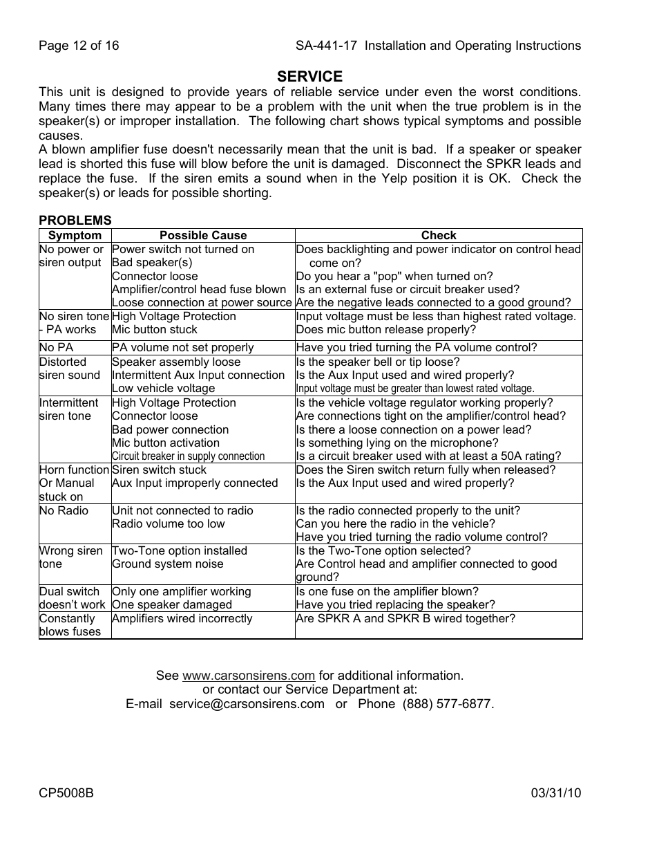 Service | Carson SA-441-17 User Manual | Page 12 / 16