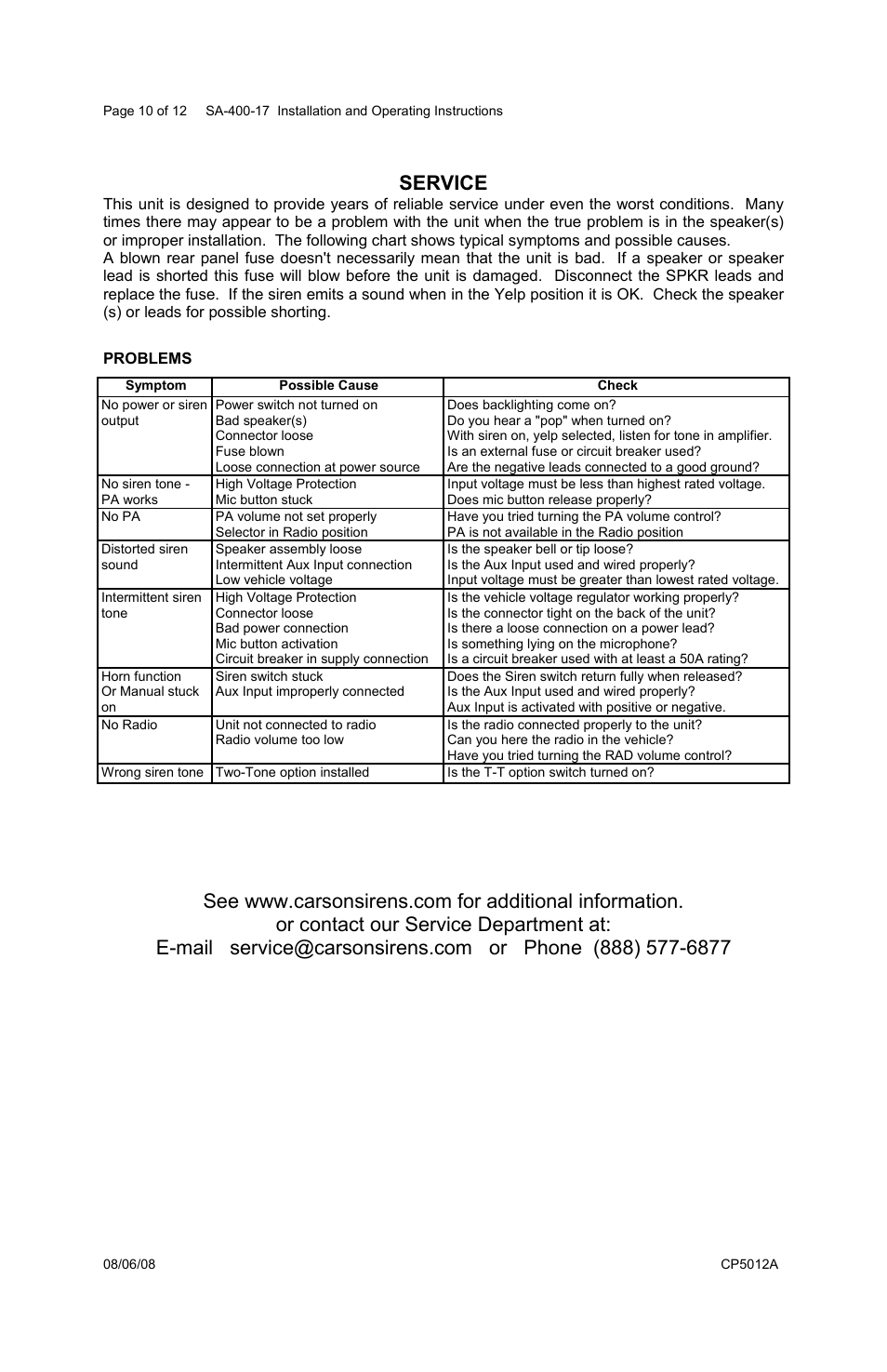 Service | Carson SA-400-17 User Manual | Page 10 / 12