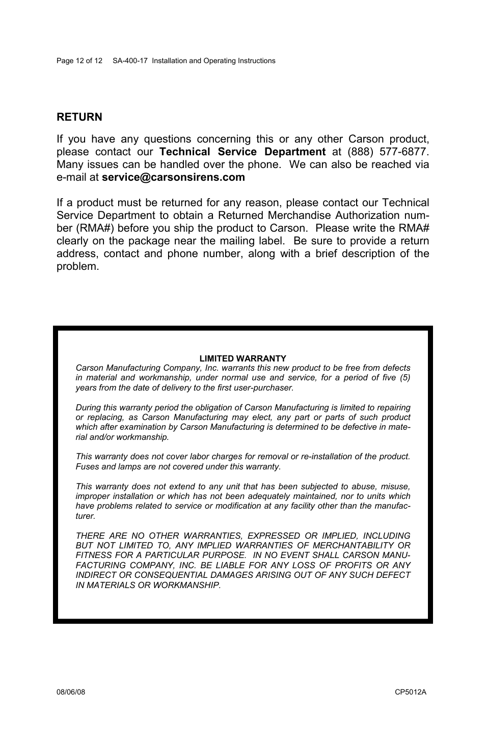 Return | Carson SA-400-17 User Manual | Page 12 / 12