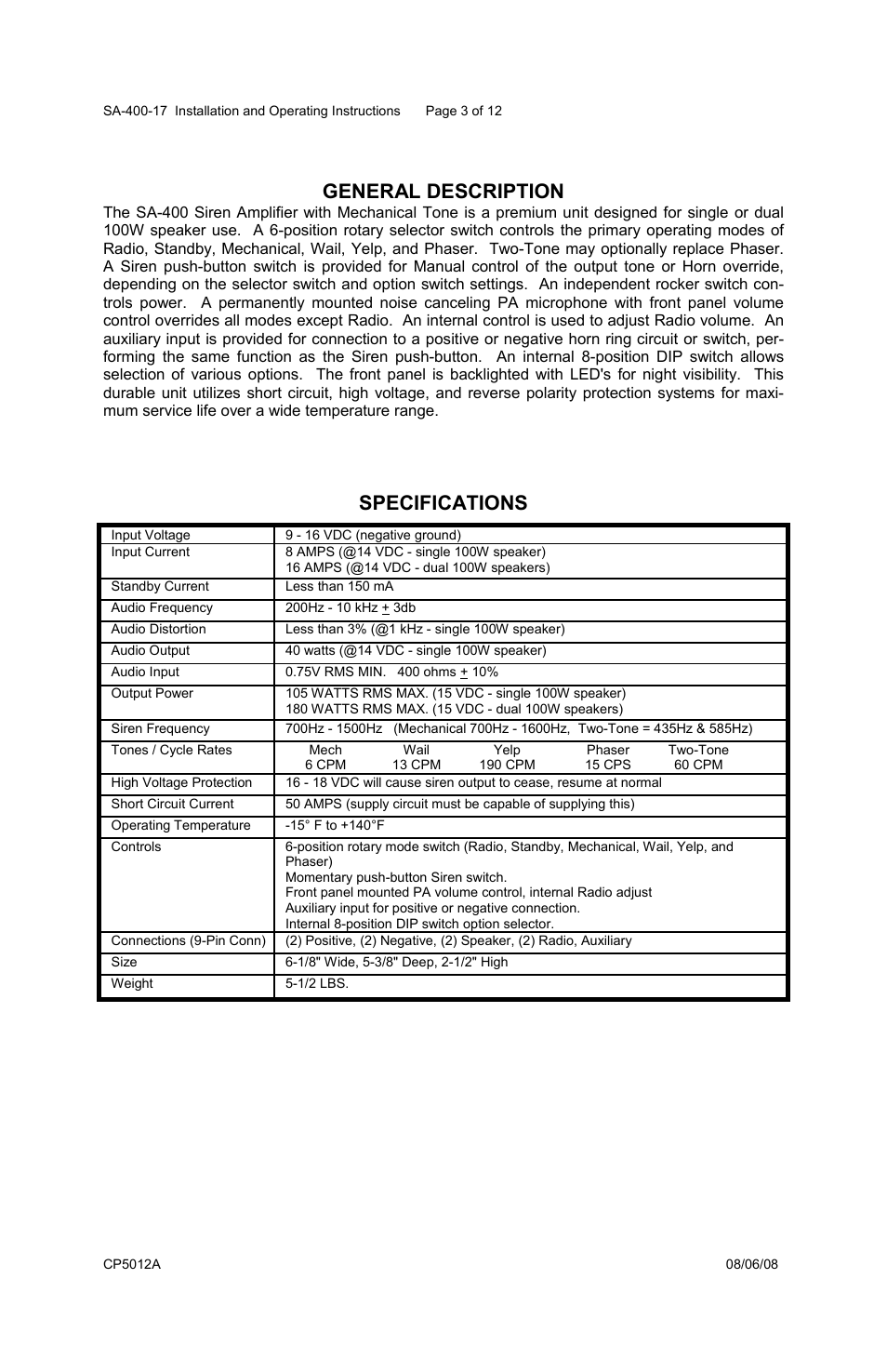 General description, Specifications | Carson SA-400-17 User Manual | Page 3 / 12